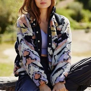 Free People Hit The Slopes Rocky Ridge Printed Fleece Jacket Black Combo Lrg NWT